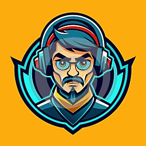 A man with a beard wearing headphones, immersed in listening to music, gamer in headphones Logo