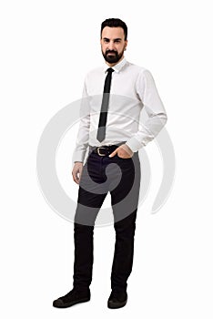 Man with a beard on a white background white shirt tie black pants