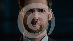 Man bearded face Caucasian middle-aged 40s male headshot adult guy raise eyes looking up front eyesight. Close up view