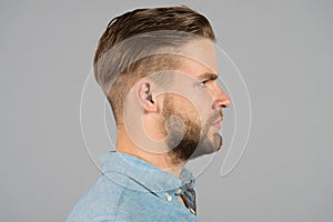 Man with bearded face in profile. Macho with beard and mustache. Guy with stylish hair and unshaven skin. Beard grooming and hair