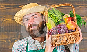 Man bearded farmer presenting eco vegetables wooden background. Fresh organic vegetables in wicker basket. Farmer straw