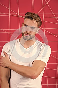 Man bearded guy modern hairstyle in pensive mood pink background. Simple hacks to make hairstyle better. Use right
