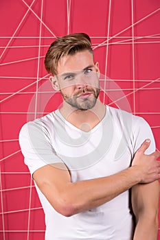 Man bearded guy modern hairstyle in pensive mood pink background. Simple hacks to make hairstyle better. Use right