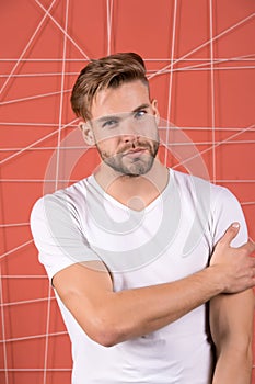 Man bearded guy modern hairstyle in pensive mood pink background. Simple hacks to make hairstyle better. Use right