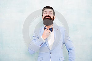 Man bearded hipster formal suit with bow tie. Wedding fashion. Formal style perfect outfit. Impeccable groom. Tips for