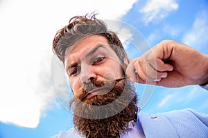 Man bearded hipster with mustache sky background. Ultimate beard and moustache grooming guide. Expert tips for growing