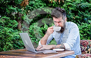 Man bearded hipster sit outdoors with laptop surfing internet and drinking coffee. Book apartment online. Guy looking