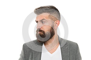 Man bearded hipster stylish fashionable jacket. Casual jacket perfect for any occasion. Feeling comfortable in natural