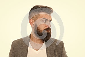 Man bearded hipster stylish fashionable jacket. Casual jacket perfect for any occasion. Feeling comfortable in natural