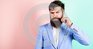 Man bearded hipster twisting mustache pink blue background. Ultimate moustache grooming guide. Expert tips for growing