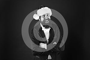 Man bearded hipster wear santa hat. Christmas spirit concept. Corporate holiday party ideas. Corporate christmas party