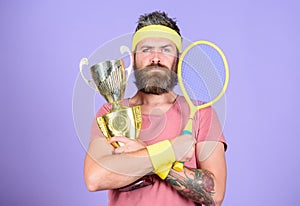 Man bearded hipster wear sport outfit. Success and achievement. Win every tennis match i take part in. Tennis player win