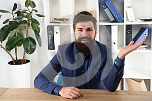 Man bearded hr manager sit in office ask interview. Job interview concept. Can you tell me about yourself. Leave lasting photo