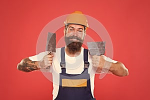 Man bearded laborer repairing in workshop. Foreman inspector. Repair and renovation. Engineer architect. Guy worker in