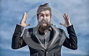 Man bearded optimistic businessman wear formal suit sky background. Success and luck. Optimistic mood. Think like