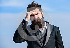 Man bearded stressful painful face sky background. Guy suffer headache stressful day. Stressful business. Pain and