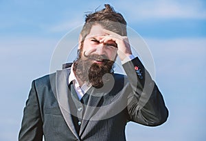 Man bearded stressful painful face sky background. Guy suffer headache stressful day. Stressful business. Pain and