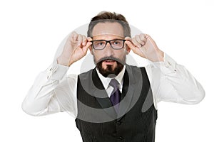 Man bearded wear eyeglasses isolated white. Businessman teacher adjust eyeglasses. Take look concept. Business analysis