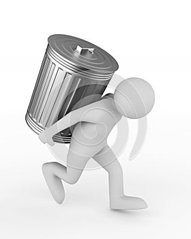 man bears garbage basket on white background. Isolated 3D illustration