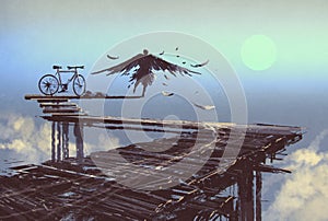 Man becomes bird standing on end of line