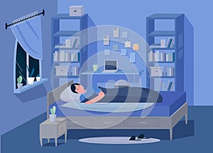 Man in the bedroom. Cartoon male teens room at night flat vector illustration