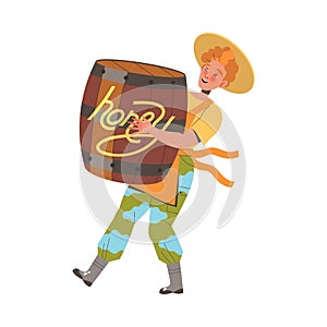 Man Beekeeper or Apiarist Carrying Huge Wooden Barrel with Sweet Honey from Beehive Vector Illustration