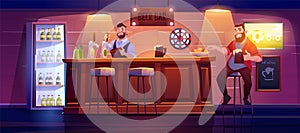 Man in beer bar sit on high stool at wooden desk