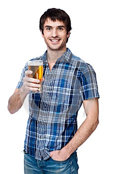 Man with beer glass isolated on white
