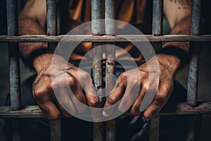 Man behind prison bars. Men\'s hands rest on the bars of a prison or prison cell. Conclusion concept. Crime and Punishment.