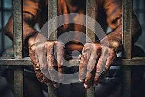 Man behind prison bars. Men\'s hands rest on the bars of a prison or prison cell. Conclusion concept. Crime and Punishment.