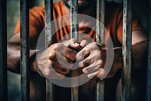 Man behind prison bars. Men\'s hands rest on the bars of a prison or prison cell. Conclusion concept. Crime and Punishment.