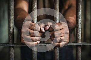 Man behind prison bars. Men\'s hands rest on the bars of a prison or prison cell. Conclusion concept. Crime and Punishment.