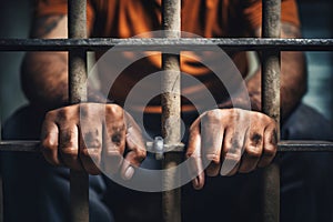 Man behind prison bars. Men\'s hands rest on the bars of a prison or prison cell. Conclusion concept. Crime and Punishment.