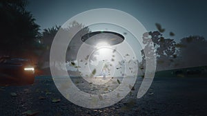 Man being abducted by UFO - Alien abduction concept. 3d rendering