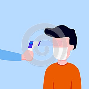 Man is being checked for body temperature with a thermometer infrared vector illustration