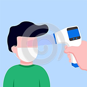 Man is being checked for body temperature with a thermometer infrared vector illustration