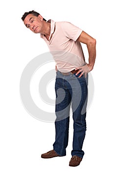 Man Bending Sideways to Look at Something photo