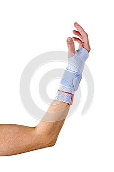 Man with Bent Elbow Wearing Wrist Brace in Studio