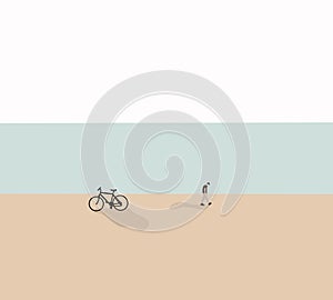 Man and bicycle at the beach on blue sky.