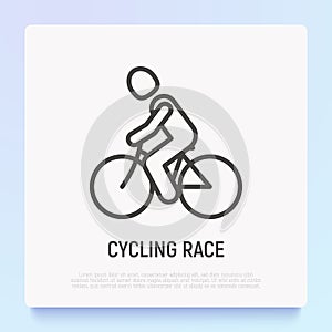 Man on bicycle. Cycling race in triathlon thin line icon. Modern vector illustration