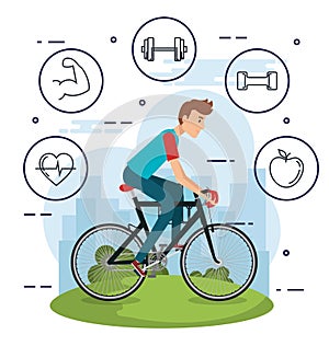 Man in bicycle with healthy lifestyle icons