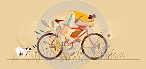 Man bicycles through tall grass and dog running after with his tongue hanging out. Modern flat cartoon vector