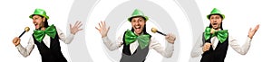 Man with big green bow tie in funny concept
