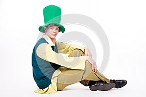 Man in big green hat. St Patric day. Isolated