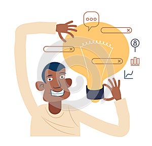 Man with a big light bulb. Business idea, plan strategy and solution concept. Big idea, thinking, innovation