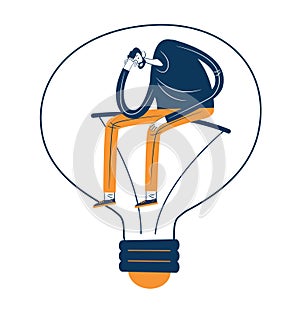 Man with a big light bulb. Business idea, plan strategy and solution concept. Big idea, thinking, innovation