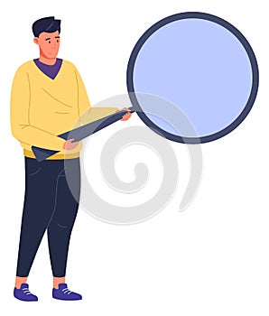 Man with big magnifying glass. Looking person. Search icon