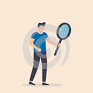 Man with big magnifying glass searching for Information. Vector Illustration