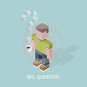 Man with big question doubts, giant question mark of coffee steam, cubes composition isometric illustration