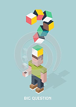 Man with big question doubts, giant question mark, cubes composition isometric vector illustration